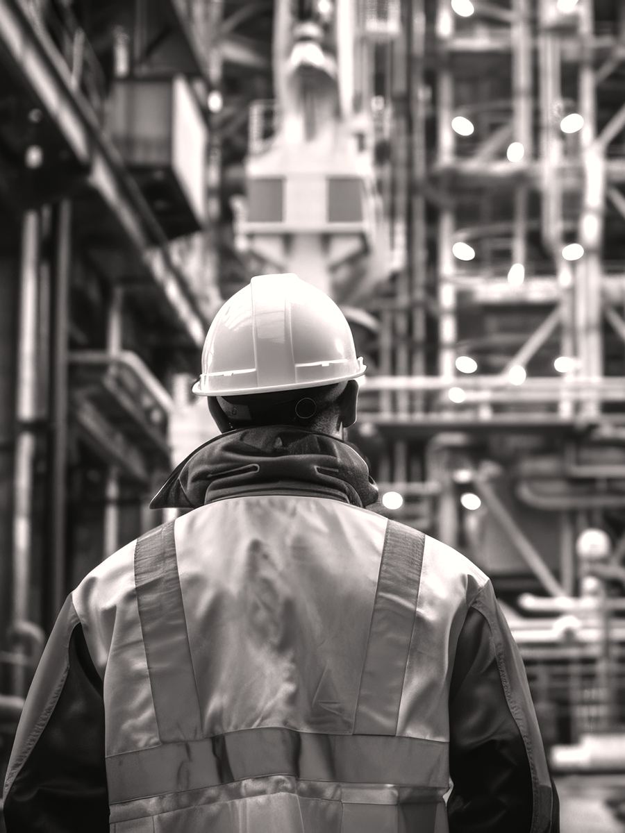 Mitarbeiter auf dem Weg durch eine Industrieanlage